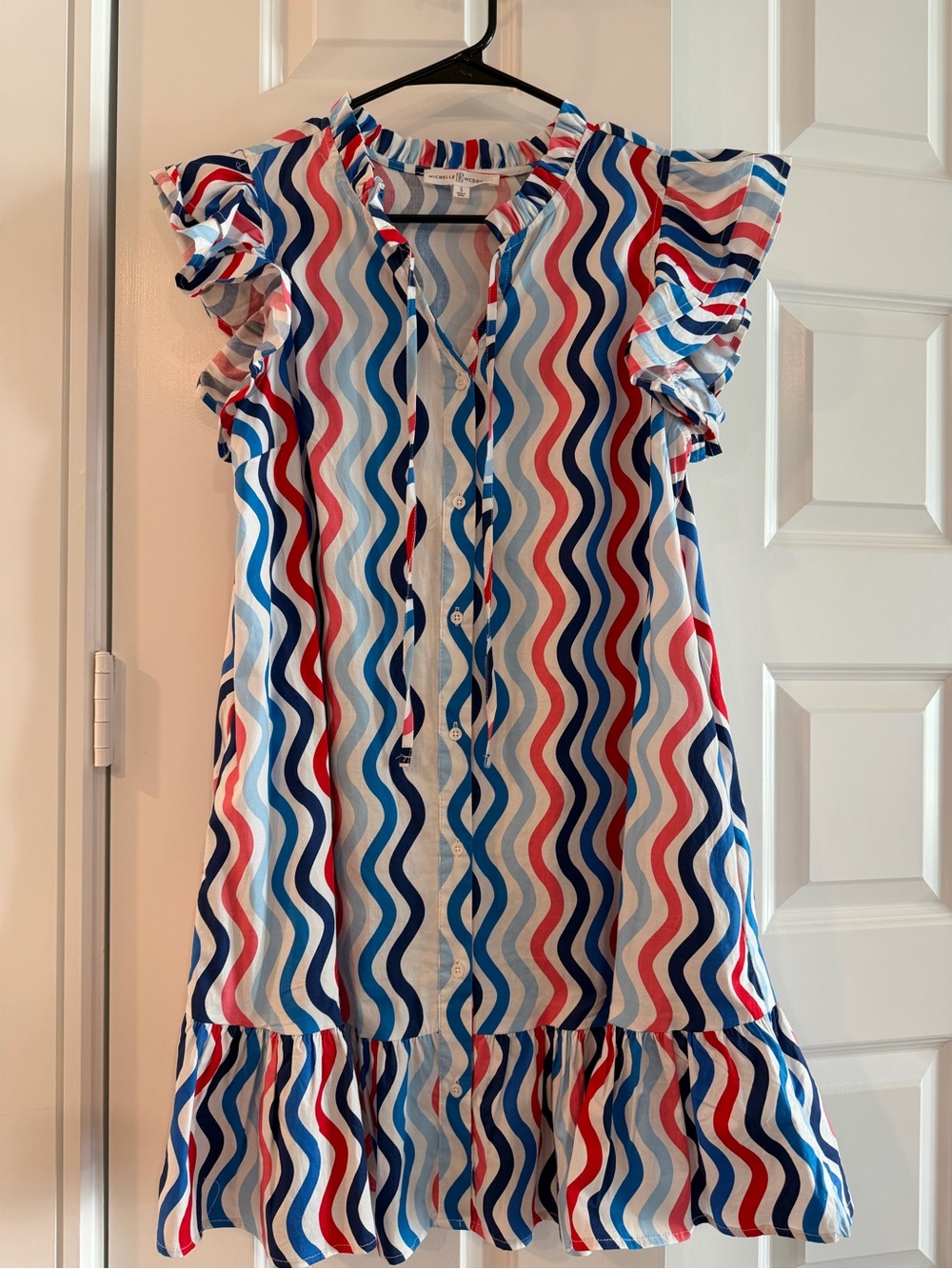 Michelle McDowell Wavy Stripe Button-Front Casual Dress — Red, Blue & White